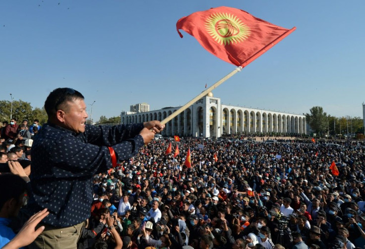People protest against the results of a parliamentary vote in Bishkek, Kyrgyzstan on October 5, 2020