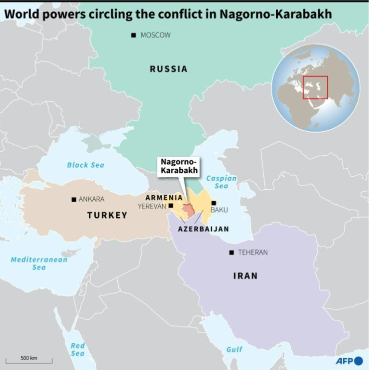 Map of the Caucasus and surrounding region showing the world powers circling Nagorno-Karabakh