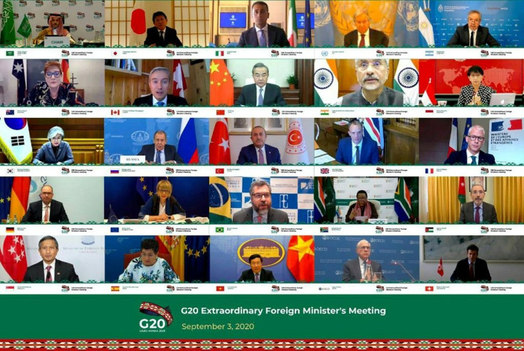 Saudi Foreign Minister Prince Faisal bin Farhan (top L) addressing a September 3 virtual meeting of G20 Foreign Ministers to discuss enhancing international cooperation to recover from the impacts of the coronavirus pandemic