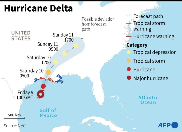 Map with the predicted path of Hurricane Delta