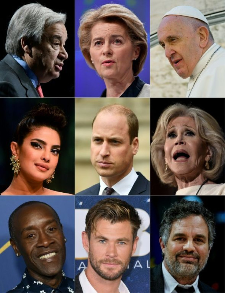 This combined photo, created October 10, 2020, shows TED talk climate speakers (L to R, top to bottom) Antonio Guterres, Ursula von der Leyen, Pope Francis, Priyanka Chopra, Prince William, Jane Fonda, Don Cheadle, Chris Hemsworth and Mark Ruffalo