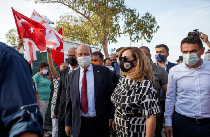 Ersin Tatar, a nationalist candidate in breakaway northern Cyprus' presidential election, visits the partly reopened tourist resort of Varosha on October 8, 2020
