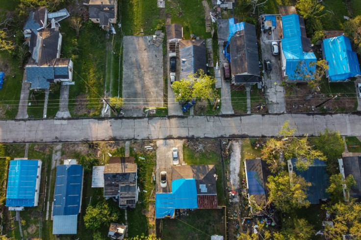 An aerial view of storm-ravaged Lake Charles, Louisiana on October 10, 2020