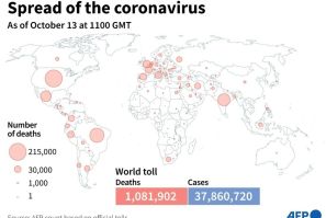 Map with number of Covid-19 deaths by country as of October 13 at 1100 GMT