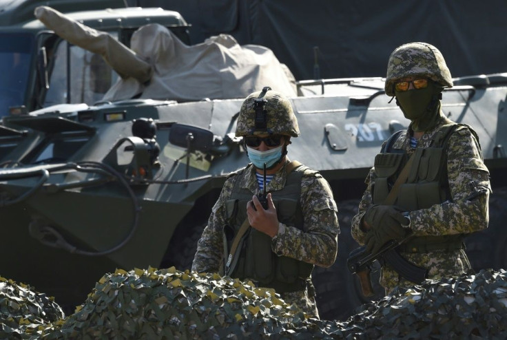 Soldiers at a checkpoint on the outskirts of Bishkek