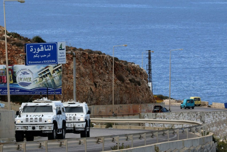 UN peacekeepers patrol the coast road near Naqura, the last town in Lebanon before the border with Israel, on October 13, 2020