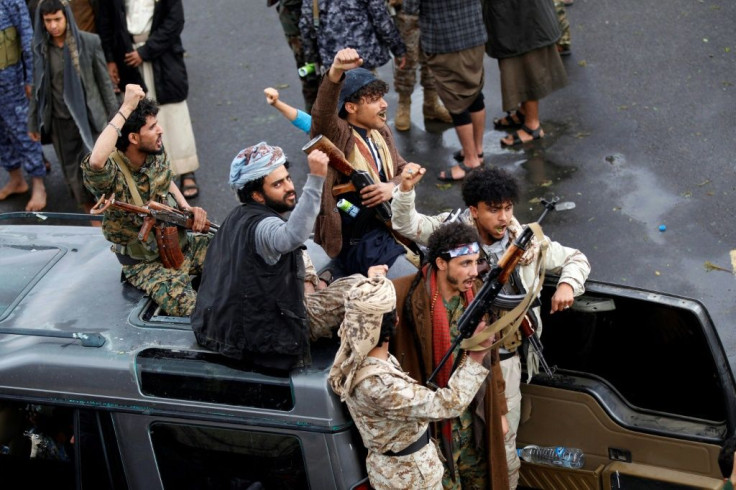 Yemeni Huthi rebels take part in a demonstration in Sanaa on January 6, 2020