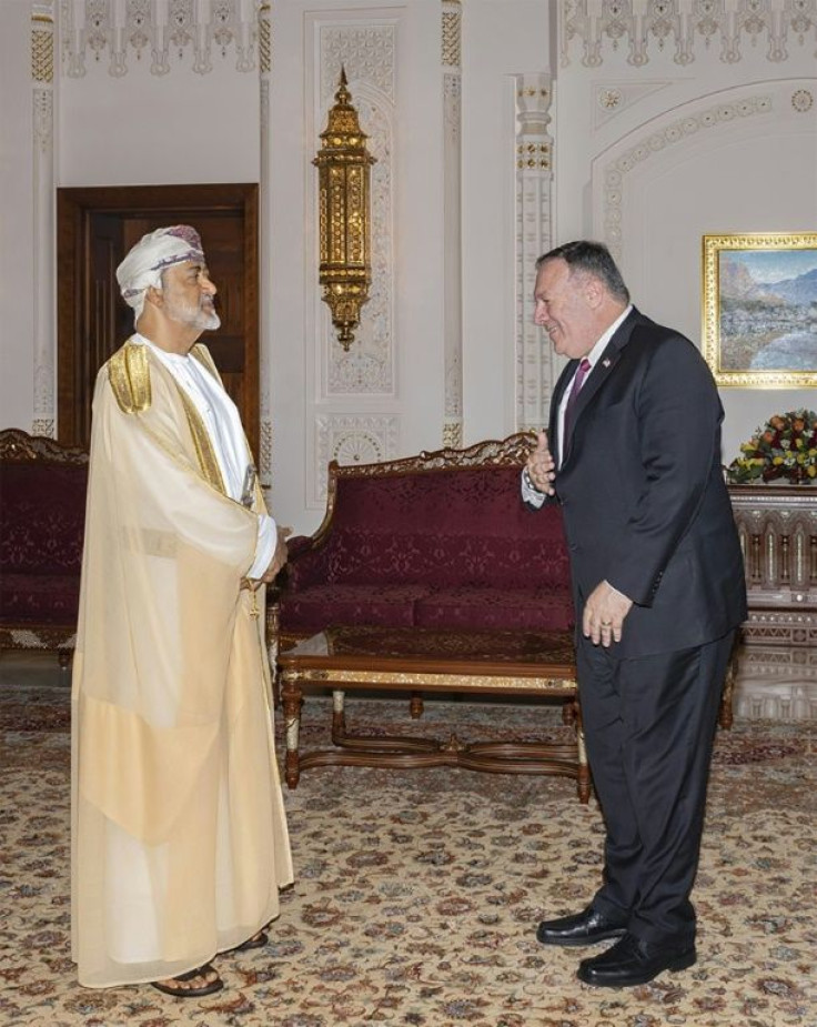 Secretary of State Mike Pompeo in August 2020 meets Omani Sultan Haitham bin Tariq, who played a key role in an apparent swap of US captives in Yemen for stranded supporters of Huthi rebels