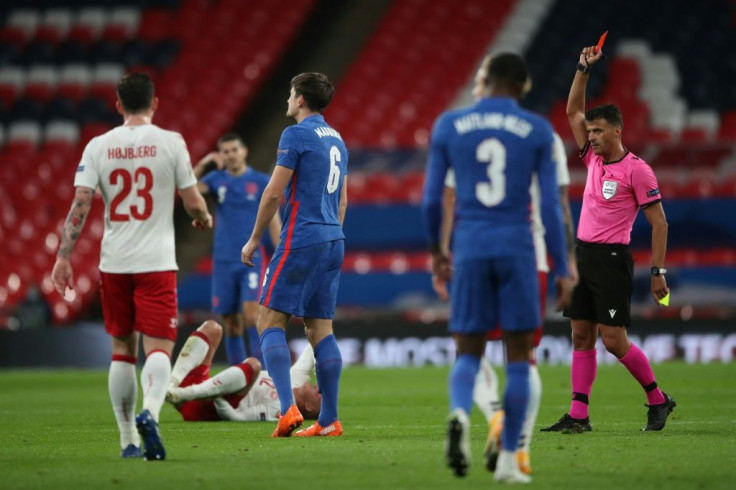 Harry Maguire was sent off in the first half as England lost 1-0 at home to Denmark in the Nations League