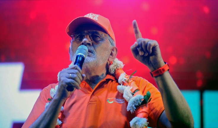 Bolivian presidential candidate Carlos Mesa delivers a speech during the closing rally of his campaign in Santa Cruz, Bolivia on October 13, 2020