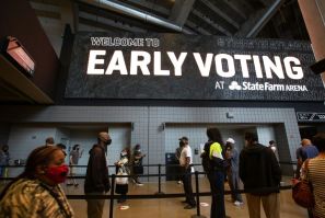 Voters line up inside of State Farm Arena, Georgia's largest early voting location
