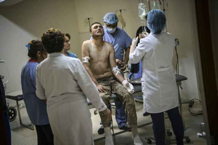 An Armenian soldier is treated in the basement of a hospital in Nagorno-Karabakh