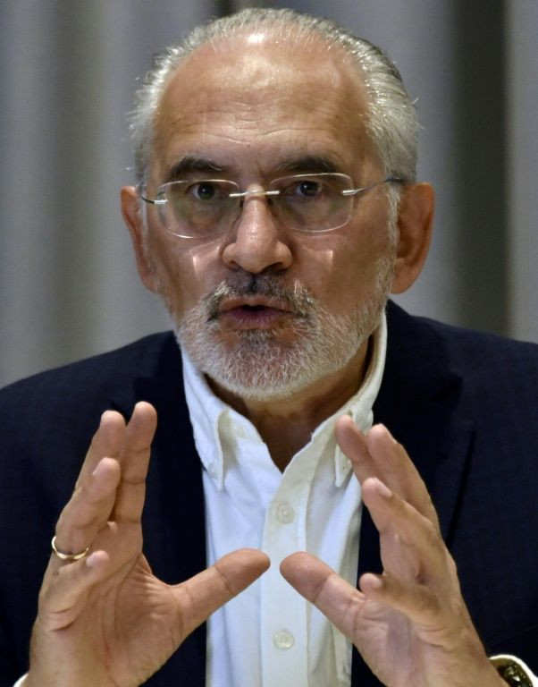 Bolivian presidential candidate Carlos Mesa speaks during a press conference in La Paz in October 2020