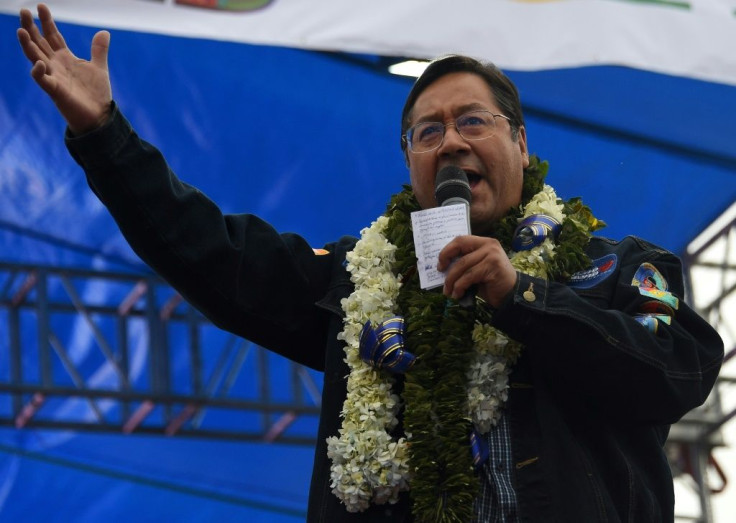 Bolivian leftist presidential candidate Luis Arce delivers a speech during the closing rally of his campaign in El Alto, Bolivia, on October 14, 2020