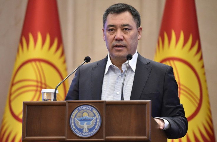 Kyrgyzstan's recently-appointed Prime Minister Sadyr Japarov addresses the Kyrgyz Parliament in Bishkek on Friday as part of efforts to end a political crisis over a disputed October vote