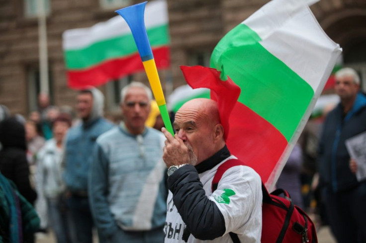One of the demonstrators outside the parliament building in Sofia on Friday