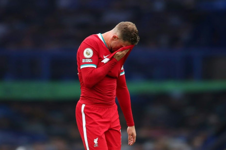 Liverpool captain Jordan Henderson reacts at the final whistle of the Premier League match against Everton