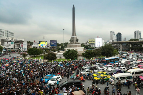 Pro-democracy protesters gather at Victory Monument in Bangkok to rally for the fourth consecutive day in defiance of an emergency decree banning gatherings