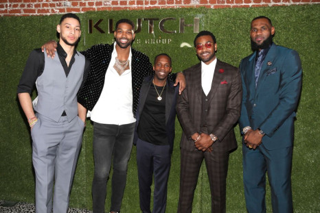 Rich Paul (C) poses with NBA Players Ben Simmons, Tristan Thompson, John Wall and Lebron James 