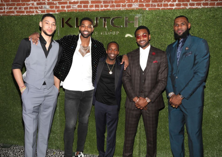 Rich Paul (C) poses with NBA Players Ben Simmons, Tristan Thompson, John Wall and Lebron James 