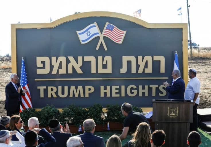 Israeli Prime Minister Benjamin Netanyahu and US Ambassador to Israel David Friedman attended a ceremony to unveil the "Trump Heights" sign in June 2019