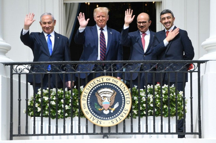 Israeli Prime Minister Benjamin Netanyahu, US President Donald Trump, Bahrain Foreign Minister Abdullatif al-Zayani and UAE Foreign Minister Abdullah bin Zayed Al-Nahyan