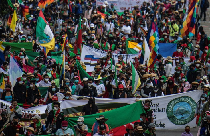 Colombian indigenous people demonstrate against the government in the framework of a "Minga" (indigenous meeting) in Bogota, on October 19, 2020