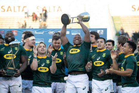 South Africa's players celebrate winning the 2019 Rugby Championship after beating Argentina 46-13 in Salta last year