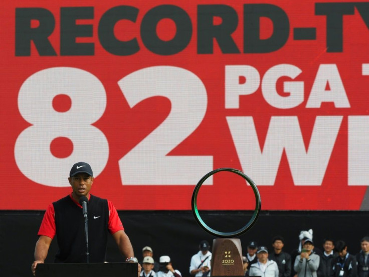 Tiger Woods of the US delivers a speech during the awarding ceremony of the PGA ZOZO Championship golf tournament at the Narashino Country Club in Inzai, Chiba prefecture on October 28, 2019.