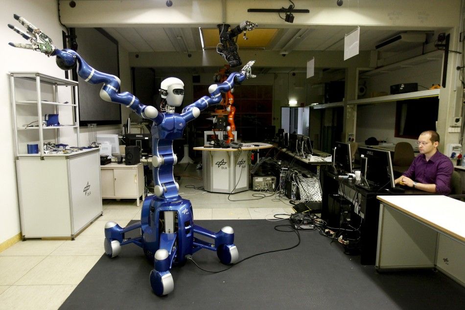 Robot Justin a humanoid two arm system developed by the German air and space agency DLR is presented in Oberpfaffenhofen