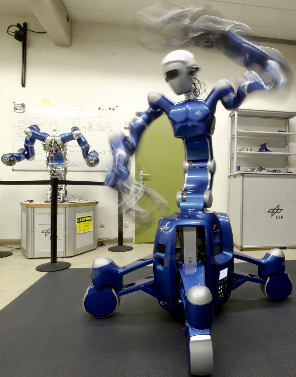 Robot Justin a humanoid two arm system developed by the German air and space agency DLR is presented in Oberpfaffenhofen