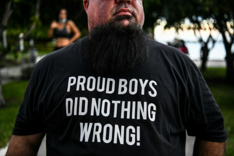 A Trump supporter wears a Proud Boys shirt prior to the president's arrival for an NBC News town hall in Miami on October 15, 2020