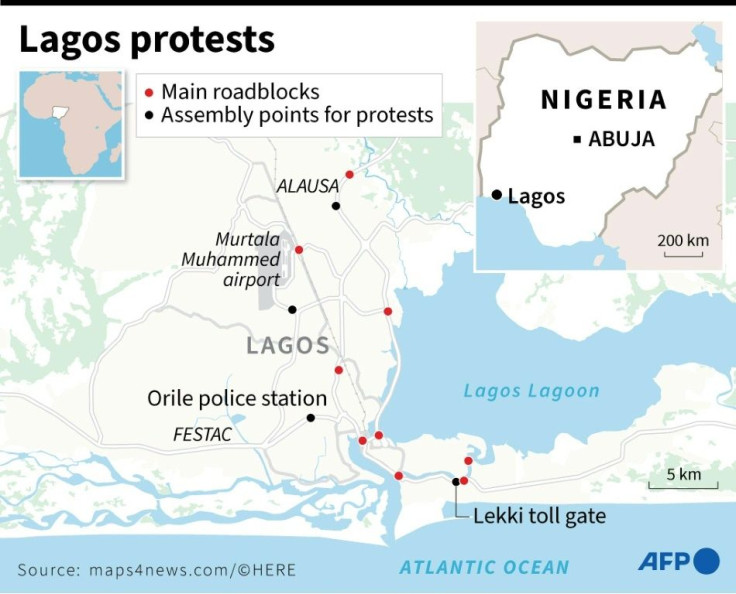 Map of Lagos detailing main assembly points for protests and main roadblocks