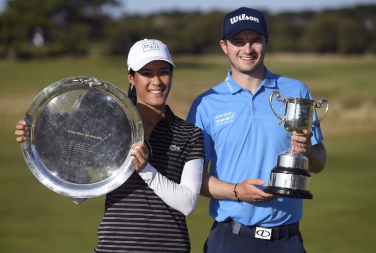 Celine Boutier of France and David Law of Scotland hold their trophies after winning respectively the LPGA Tour and European Tour Vic Open titles in 2019