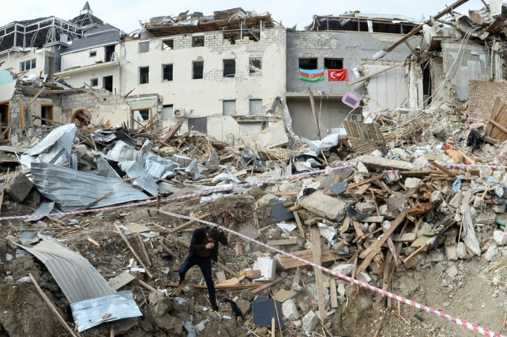 Destroyed buildings hit by shelling in a residential area of the city of Ganja, Azerbaijan