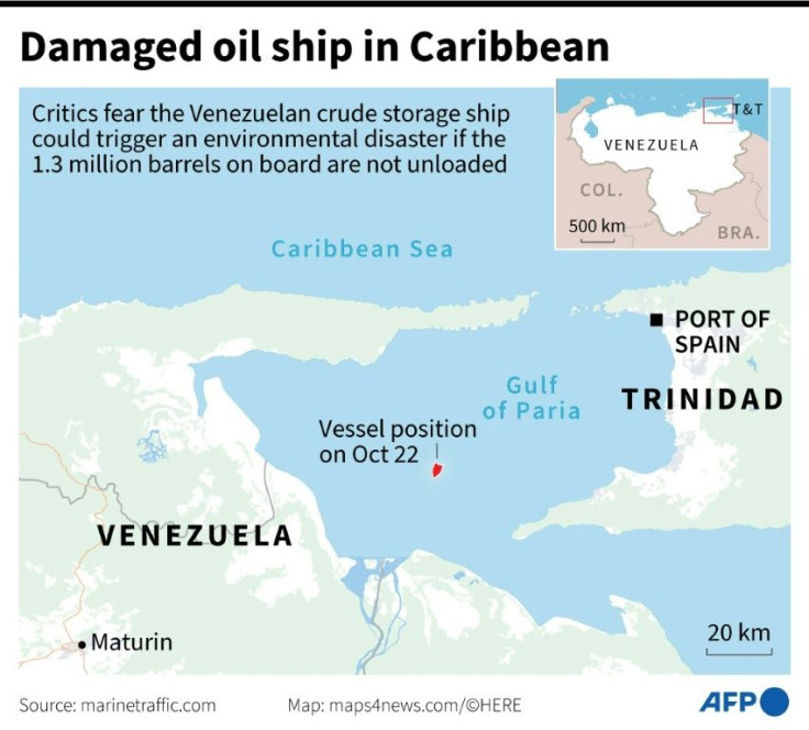 Map locating a damaged crude oil storage ship in the Gulf of Paris, between Venezeula and Trinidad