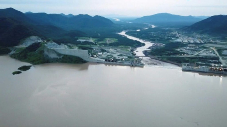 Water levels at the Grand Ethiopian Renaissance Dam in Guba, Ethiopia in July 2020 as Prime Minister Abiy Ahmed announces the "historic" early filling of the reservoir despite criticism from Egypt and Sudan