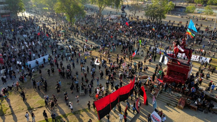 Mapuche indigenous flags have been visible flying over demonstrations against Chilean President Sebastian Pinera's government