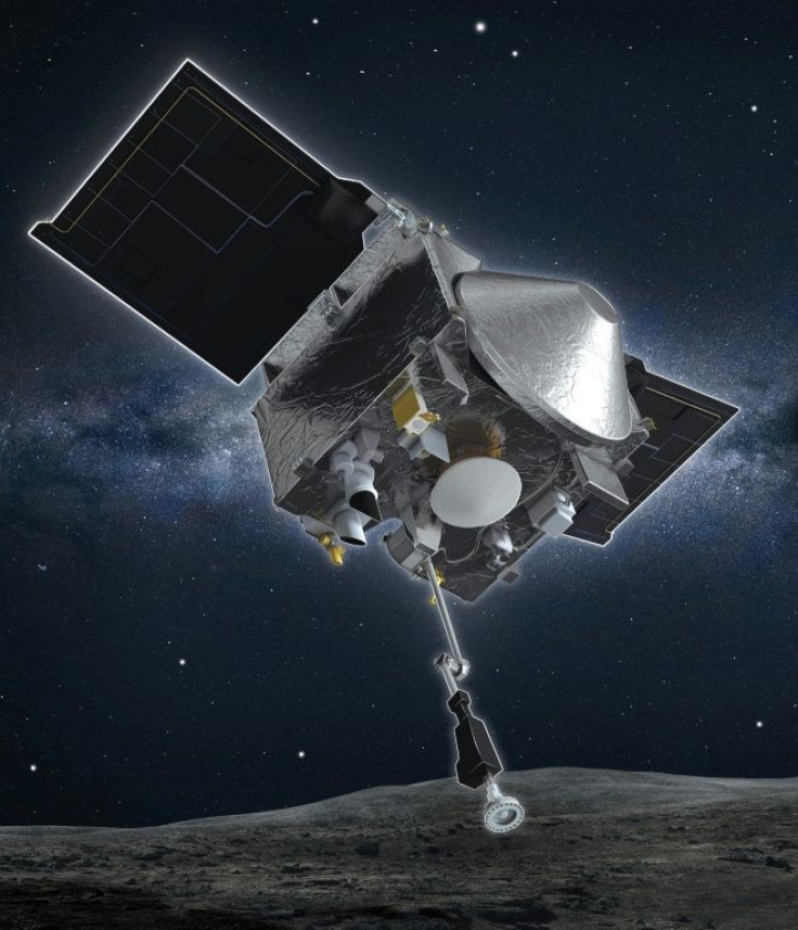 This NASA image shows an artist's rendering of the Osiris-Rex spacecraft descending to collect a sample of the surface of asteroid Bennu