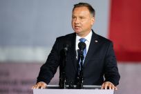 Polish President Andrzej Duda speaks to a crowd on September 1 during an event to commemorate the outbreak of World War II in Gdansk.