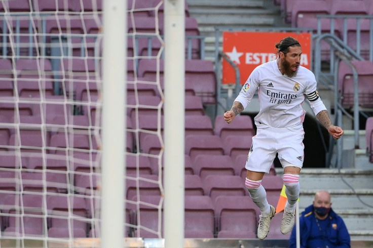 Sergio Ramos celebrates scoring a penalty in Real Madrid's win over Barcelona on Saturday.