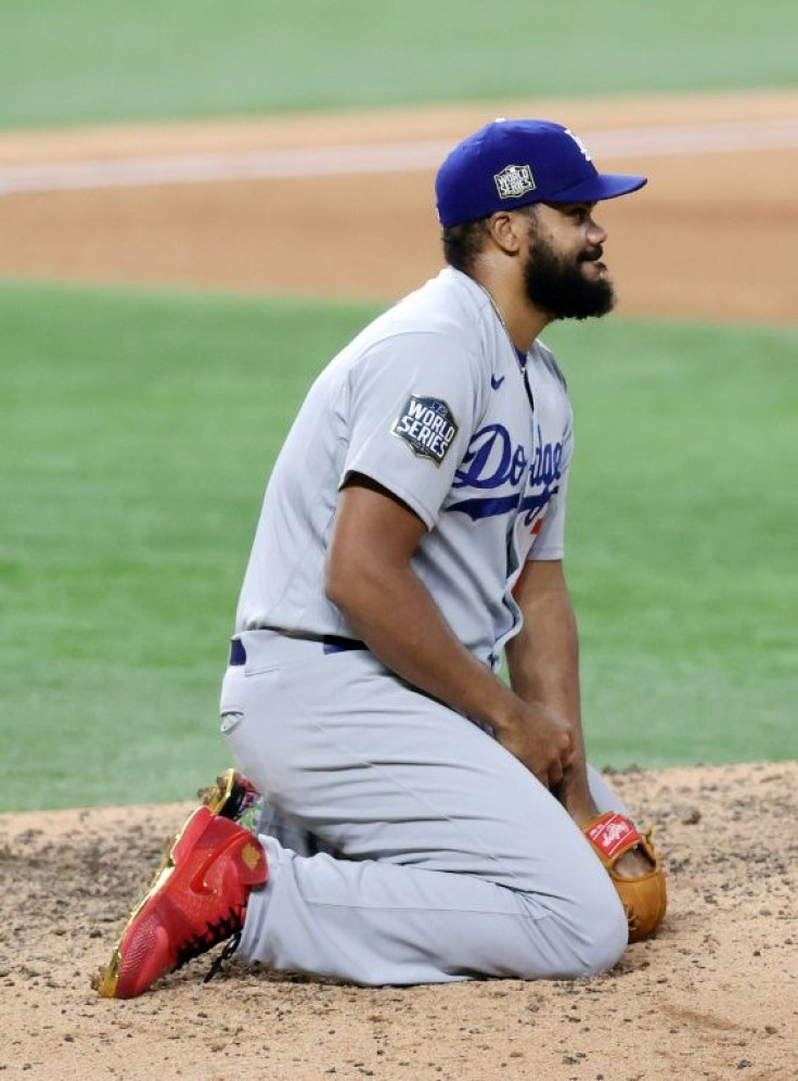 Los Angeles Dodgers pitcher Kenley Jansen reacts after giving up the game-winning single to Brett Phillips of the Tampa Bay Rays in game four of the World Series