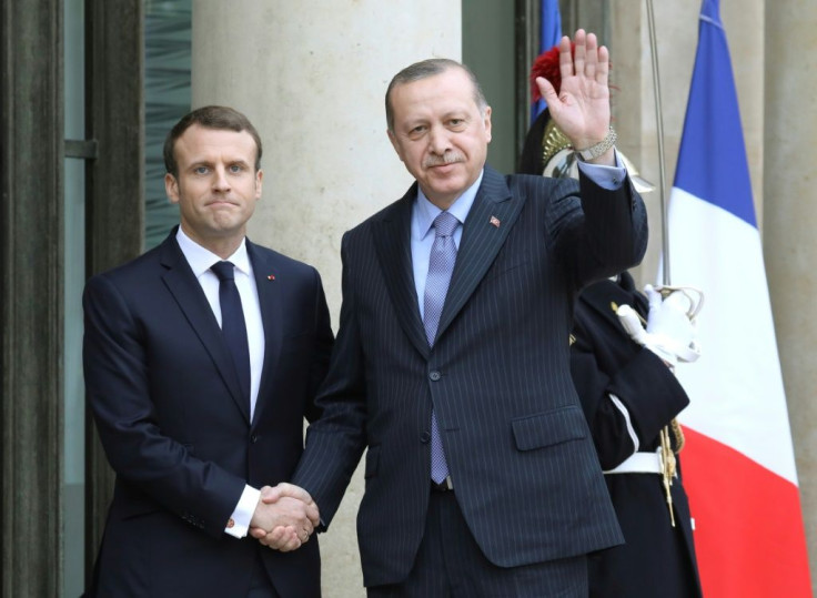 Happier times: French President Emmanuel Macron (L) greets his Turkish counterpart Recep Tayyip Erdogan ahead of luncheon at the Elysee palace in Paris in January 2018