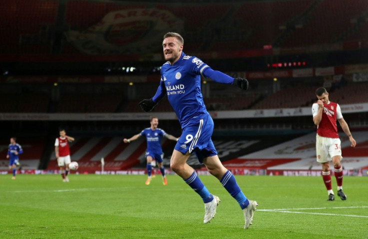 Leicester striker Jamie Vardy celebrates his goal at Arsenal