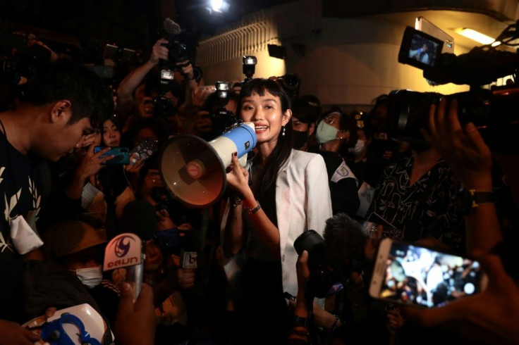 Pro-democracy protest leader Chonticha Jaengrew (C) addressed the crowd