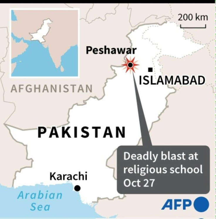 Map of Pakistan locating Peshawar where at least four students were killed and dozens wounded when a bomb exploded during a class at their religious school on Tuesday.