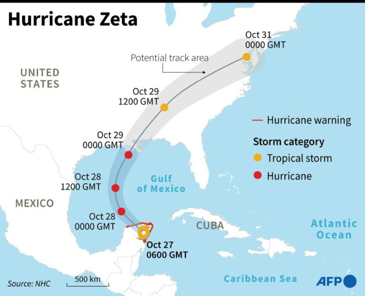 Predicted path of Hurricane Zeta across the Caribbean and the US.