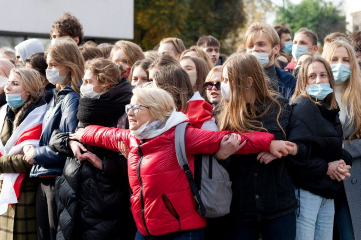 Teachers and students of Belarusian State University take part in a nationwide strike in Minsk