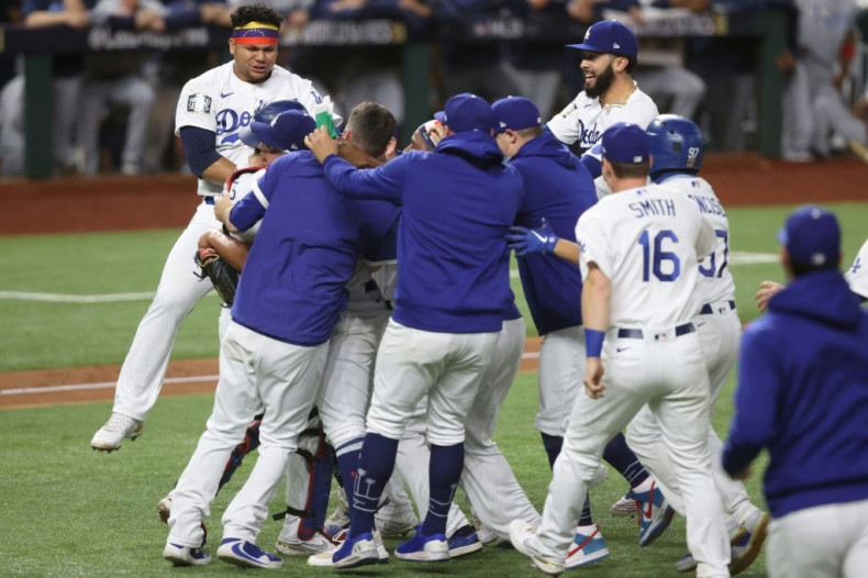 The Los Angeles Dodgers celebrate after defeating the Tampa Bay Rays to win the World Series for the first time since 1988