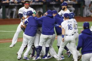The Los Angeles Dodgers celebrate after defeating the Tampa Bay Rays to win the World Series for the first time since 1988